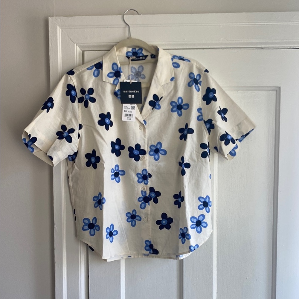 Marimekko x Uniqlo | Linen Blend Open Collar Short Sleeve Shirt | Small